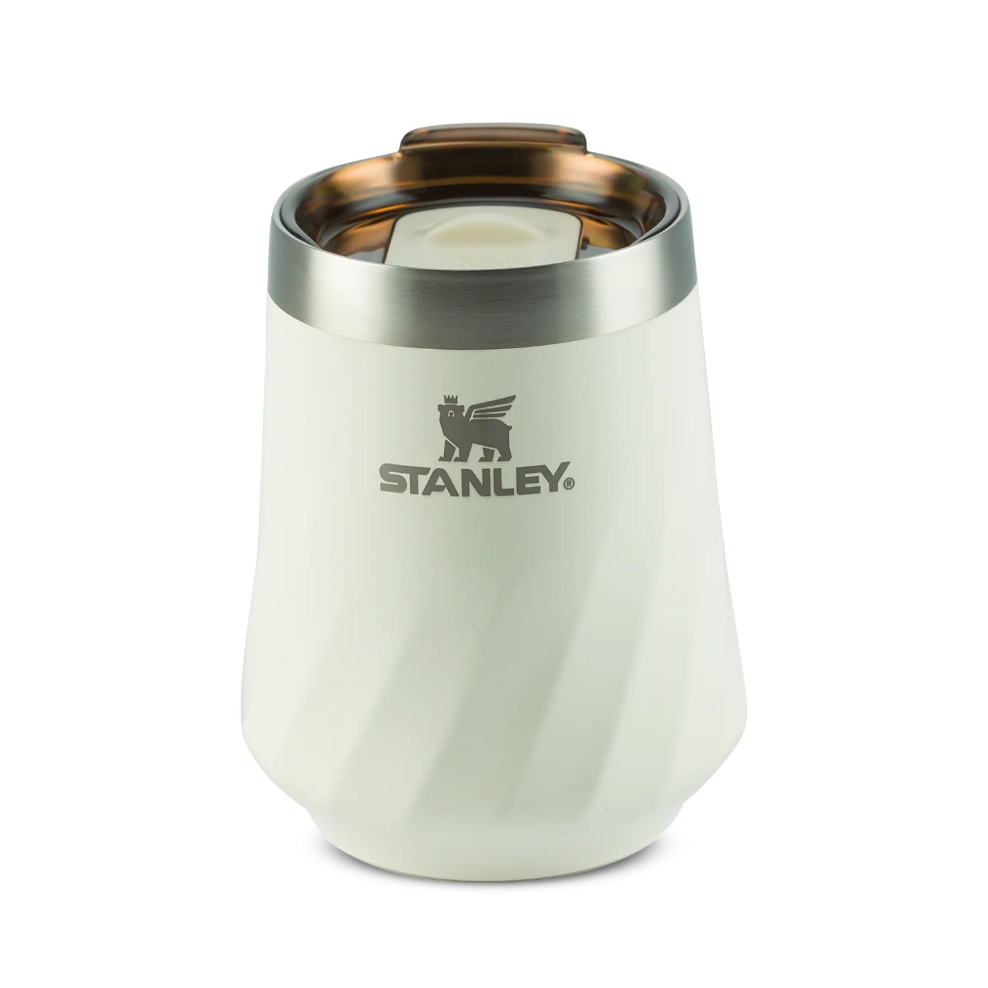 Copo Térmico Stanley Reserve Wine 325ml, design facetado branco, ideal para vinhos e drinks, com detalhe em swirl e aço inox.