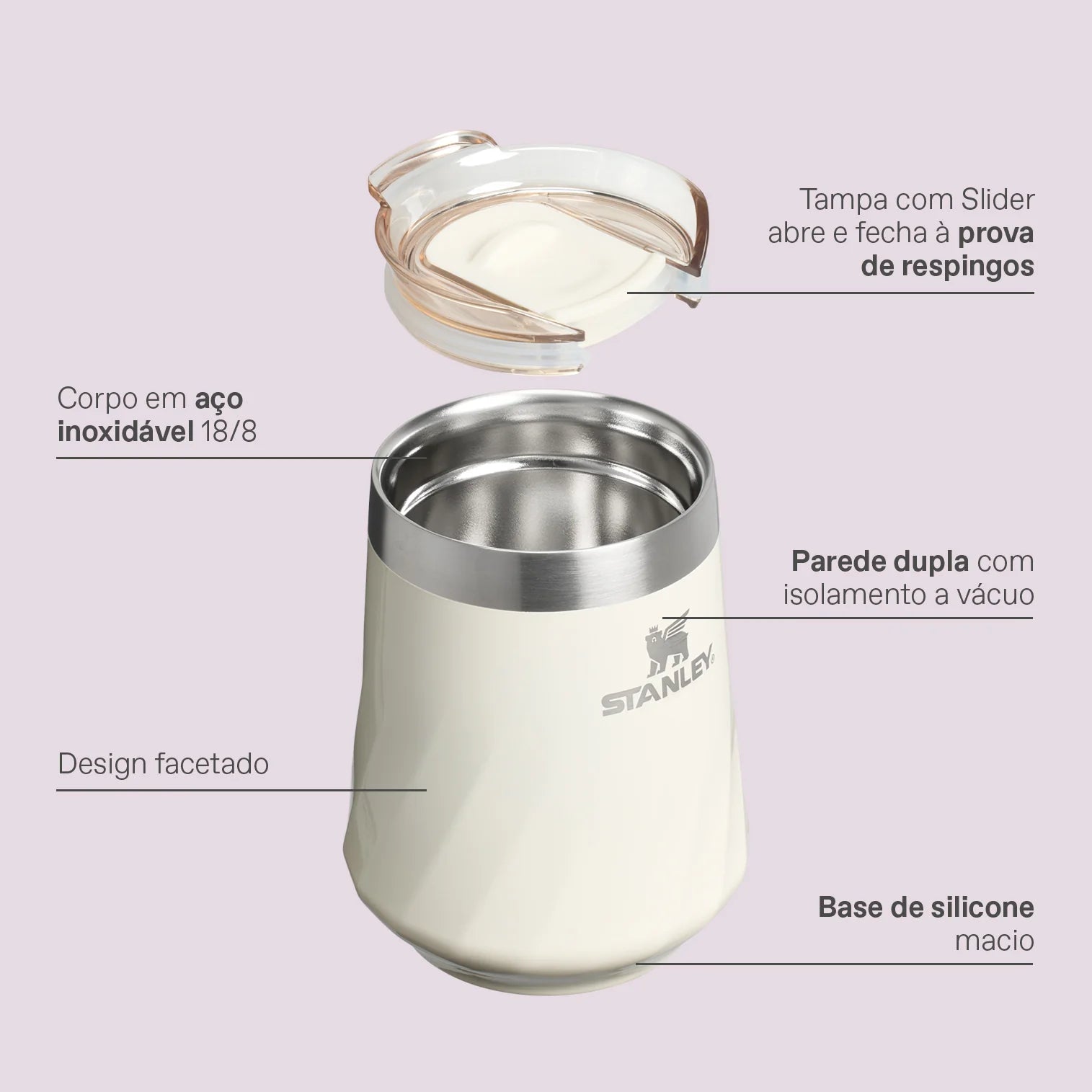 Copo Térmico Stanley Reserve Wine 325ml com design facetado e tampa à prova de respingos, ideal para vinhos e drinks.