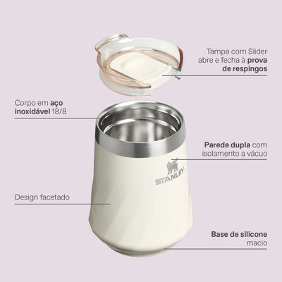 Copo Térmico Stanley Reserve Wine 325ml com design facetado e tampa à prova de respingos, ideal para vinhos e drinks.