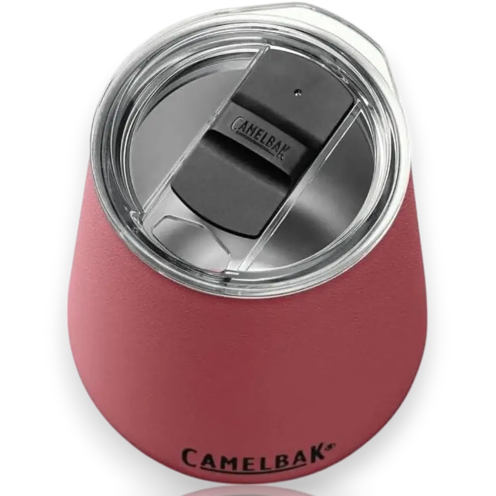 Copo Térmico para Vinho Horizon Camelbak 350ml rosa com tampa, ideal para manter bebidas quentes por 4h ou frias por 6h.