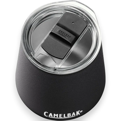 Copo Térmico para Vinho Horizon Camelbak 350ml preto com tampa transparente e isolamento a vácuo para bebidas quentes e frias.