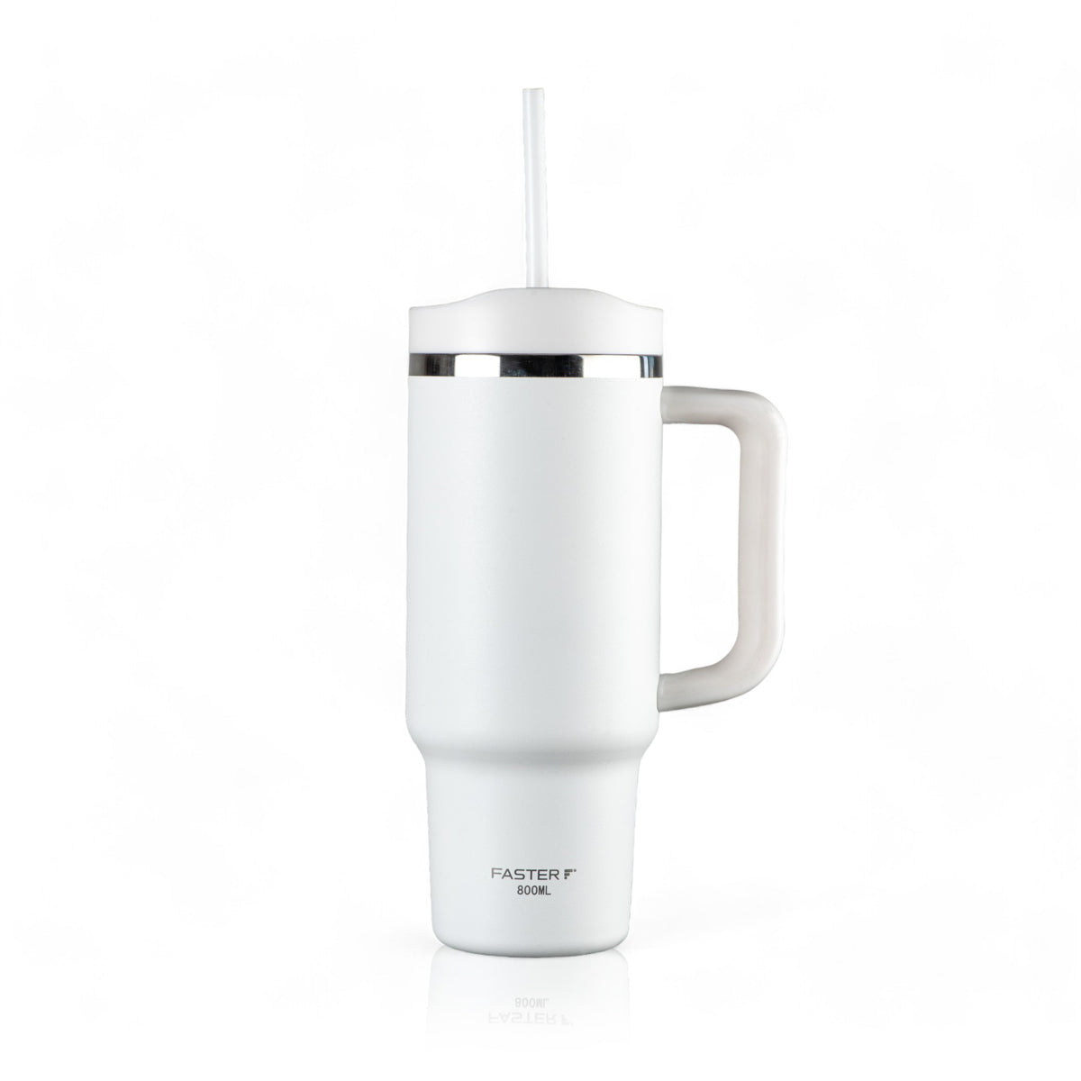 Copo Térmico King Faster 800 ml branco com alça e canudo, design moderno e isolamento térmico para bebidas quentes e frias.