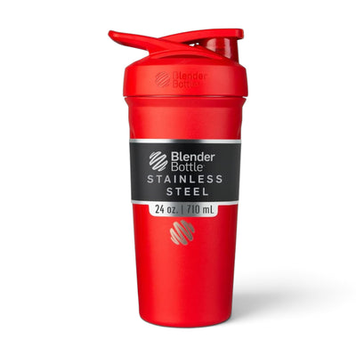 Coqueteleira Blender Bottle Strada 710 ml Vermelha, vista frontal com tampa fechada