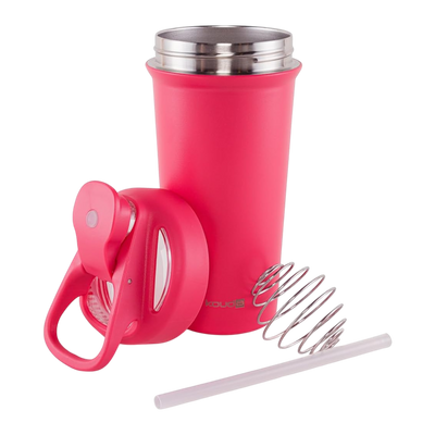 Coqueteleira Shaker Térmica Kouda Fox - 750ml em inox rosa com tampa hermética, acessórios e mola misturadora exibidos separados.