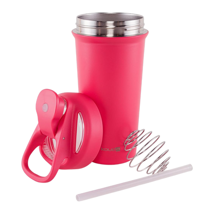Coqueteleira Shaker Térmica Kouda Fox - 750ml em inox rosa com tampa hermética, acessórios e mola misturadora exibidos separados.