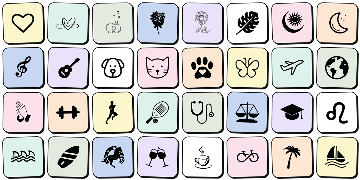 Amostra de ícones do catálogo: corações, flores, pets, instrumentos musicais, esportes, profissões, signos, praia e bebidas