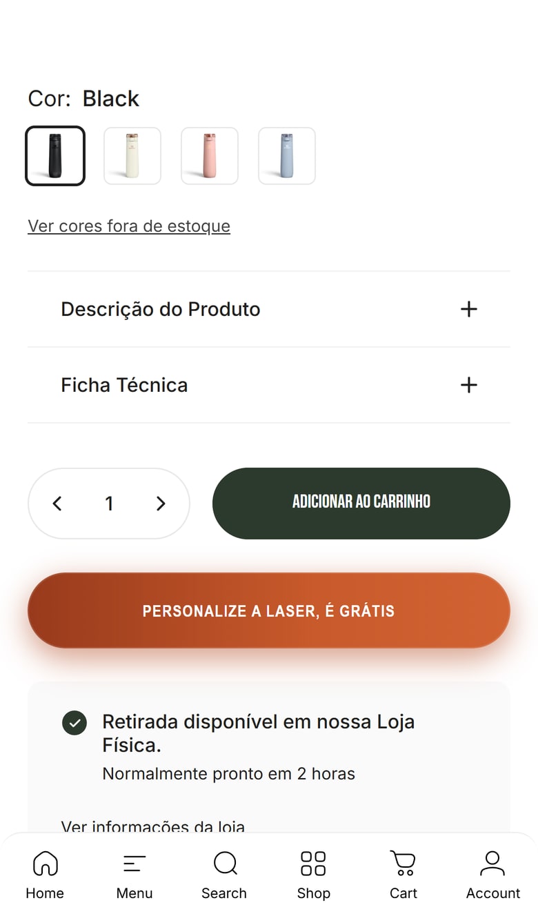 Página de um produto com o botão laranja Personalize a laser, é grátis