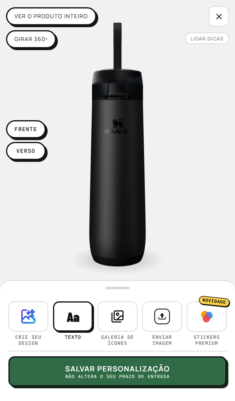Editor de personalização aberto no celular, com a garrafa em 3D e as opções Crie seu design, Texto, Galeria de ícones, Enviar imagem e Stickers Premium