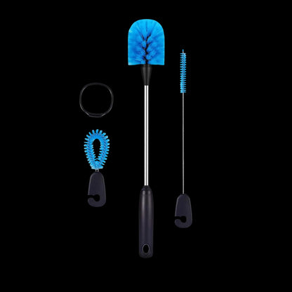 Kit de Escovas para Limpeza de Garrafas, Canudos e Tampas com três escovas azuis eficientes para limpar garrafas e detalhes.