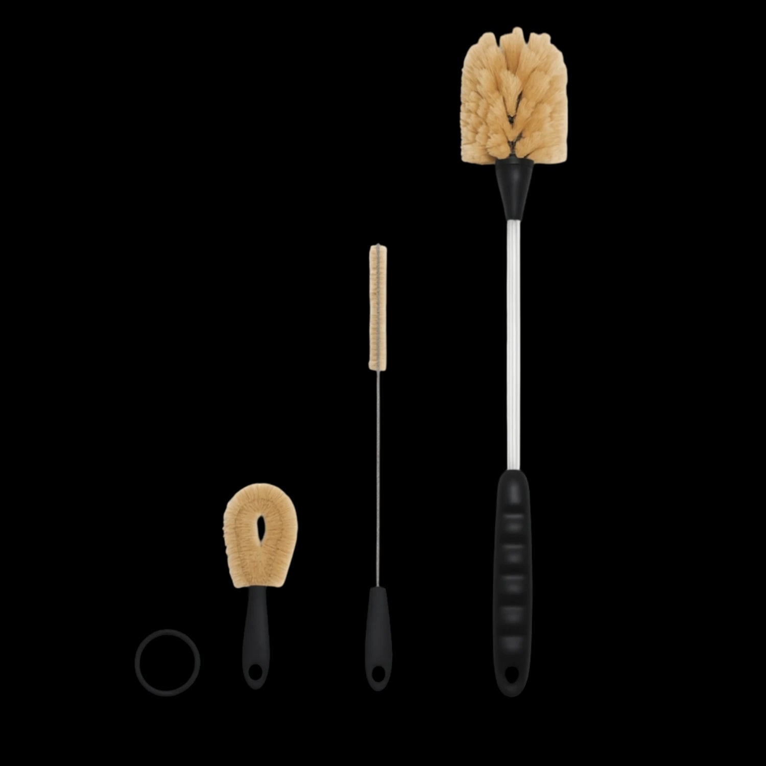 Kit de Escovas para Limpeza de Garrafas, Canudos e Tampas com três escovas diferenciadas em fundo preto.