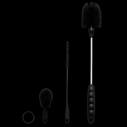 Kit de Escovas para Limpeza de Garrafas, Canudos e Tampas com três escovas pretas para uma limpeza eficiente e prática.
