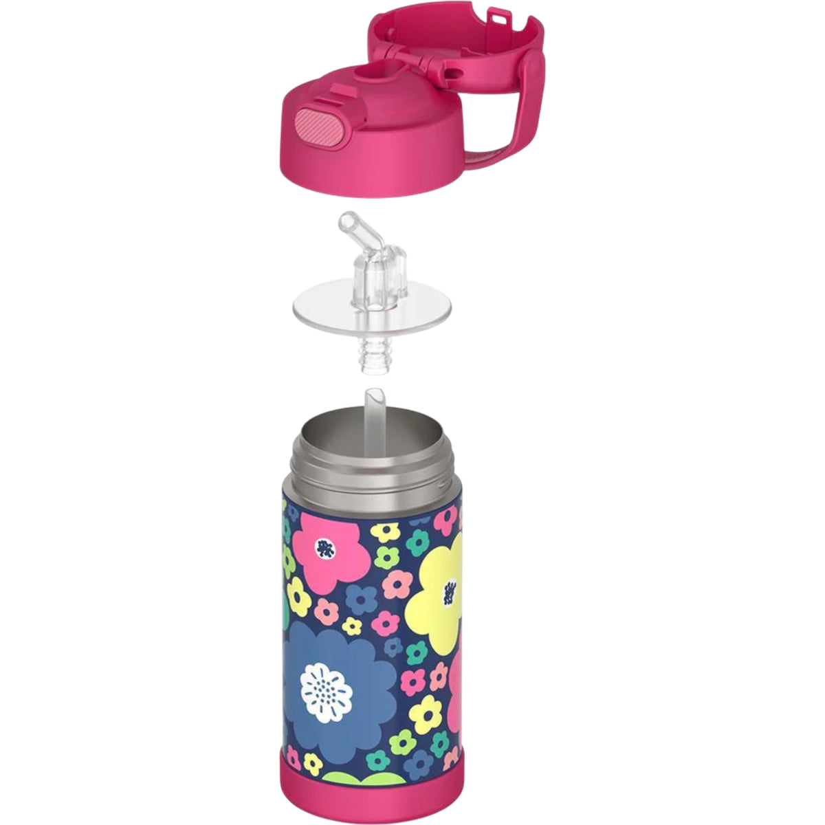 Garrafa Térmica Funtainer Thermos - 355ml com canudo retrátil e design floral, destacando tampa rosa e alça integrada.