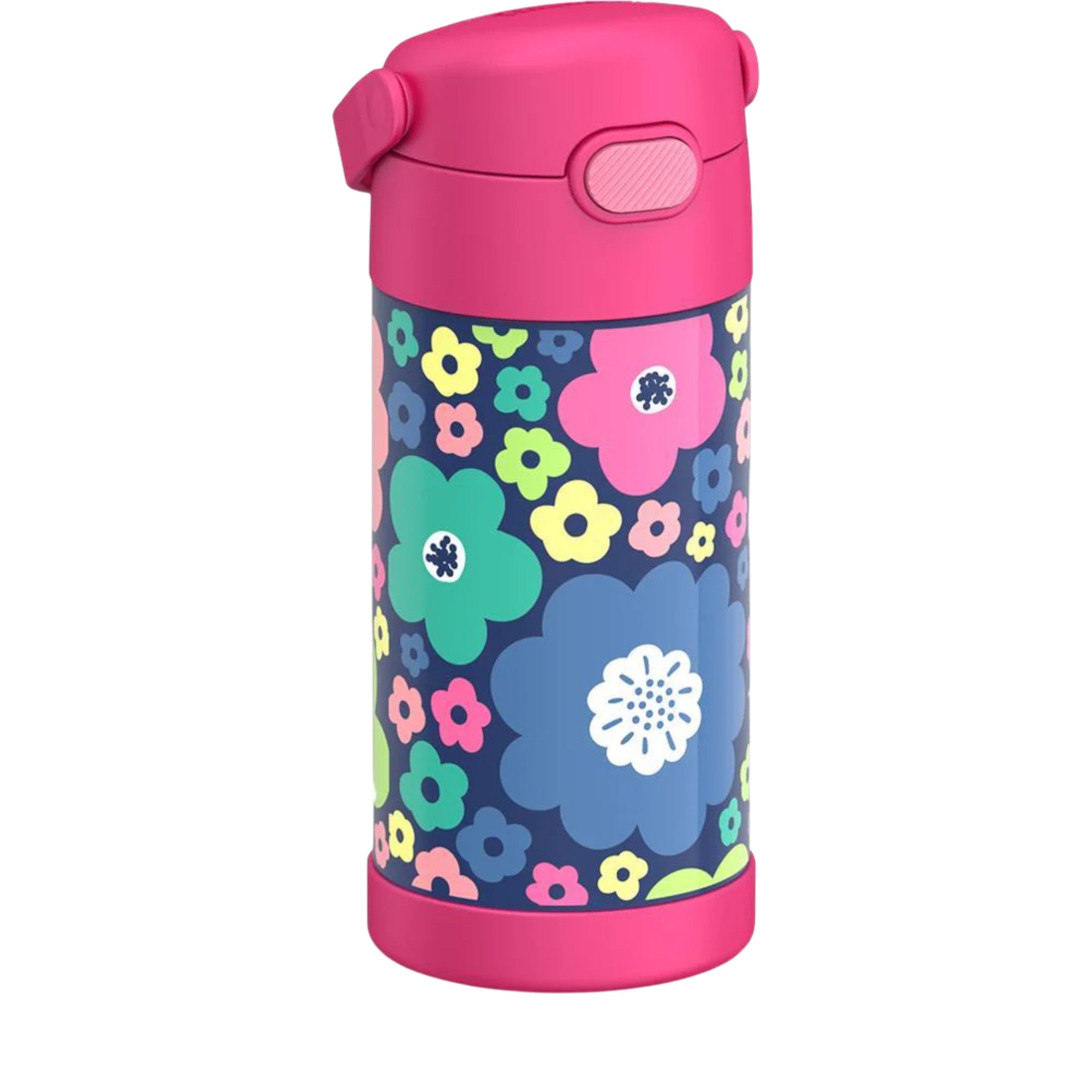 Garrafa Térmica Funtainer Thermos - 355ml colorida com estampa floral, ideal para manter bebidas geladas por até 12 horas.