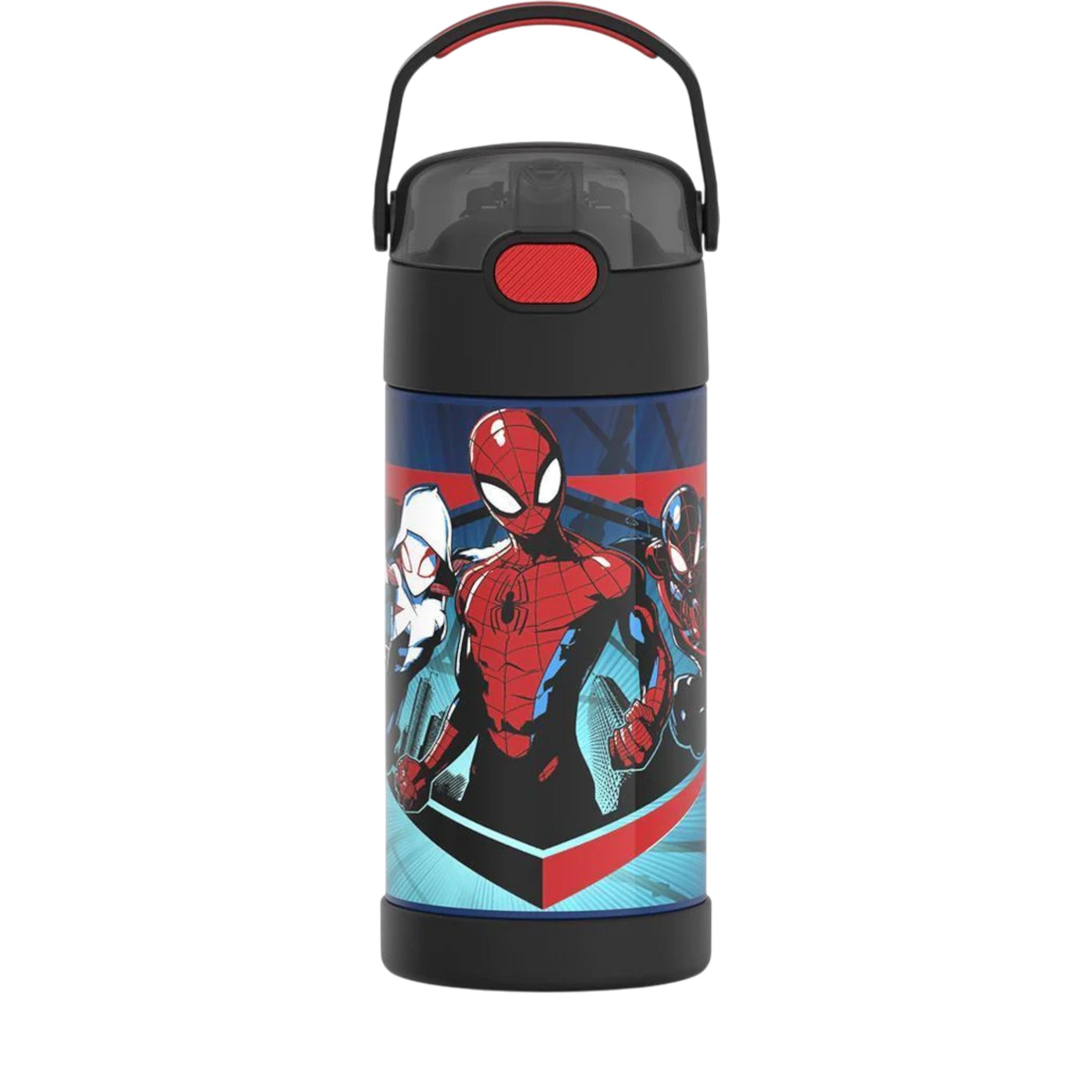 Garrafa Térmica Funtainer Thermos - 355ml com design de super-heróis, tampa com botão e alça dobrável, perfeita para manter bebidas geladas.
