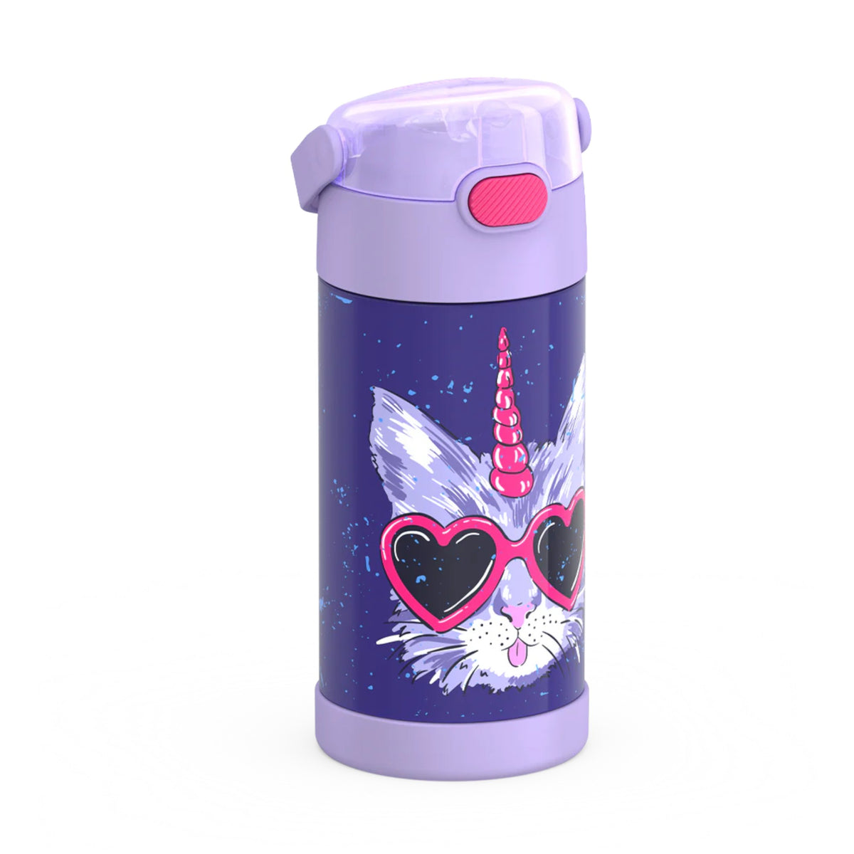 Garrafa Térmica Funtainer Thermos - 355ml com design de unicórnio, tampa roxa e canudo retrátil para hidratação prática.