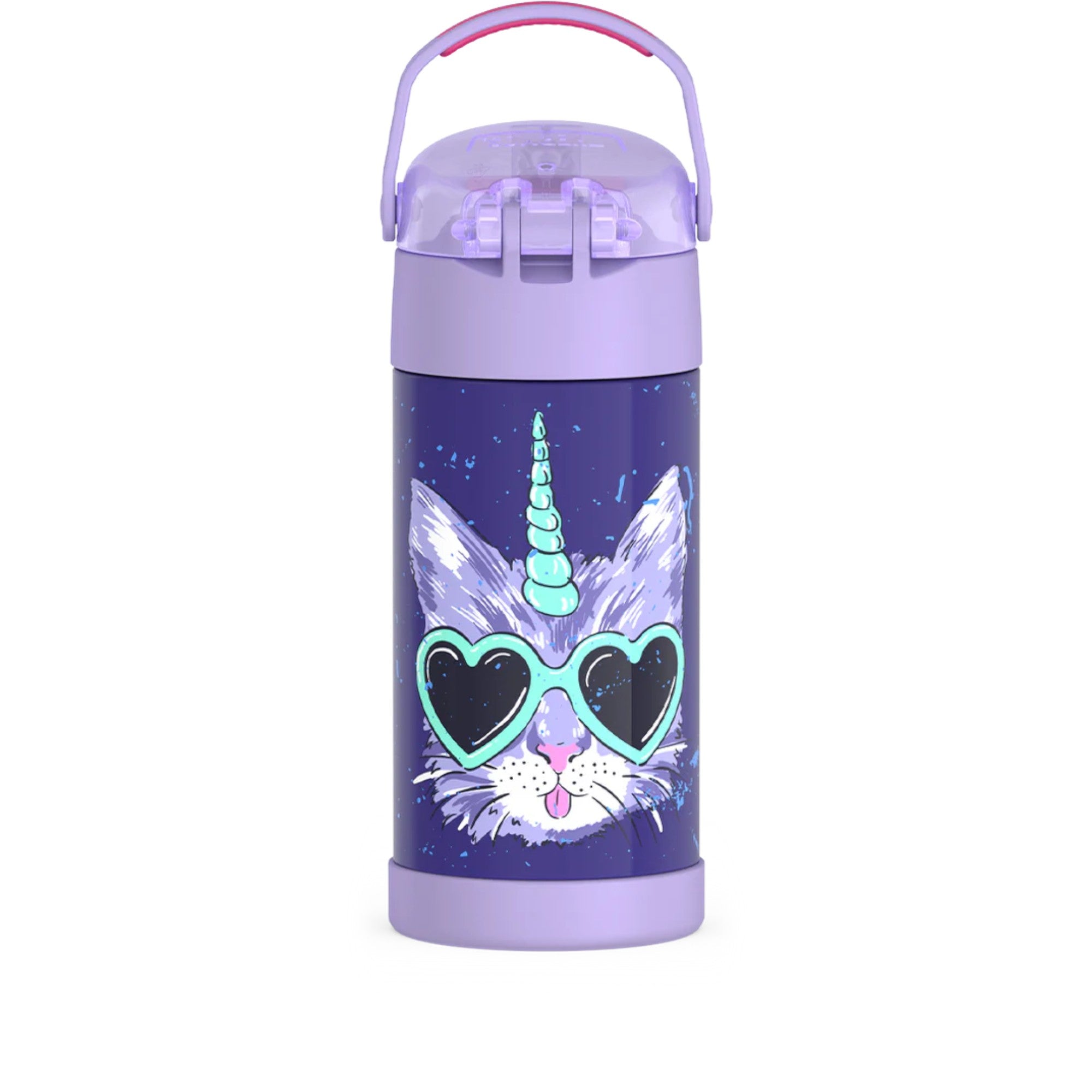 Garrafa Térmica Funtainer Thermos - 355ml com design de gato unicórnio e alça dobrável, ideal para manter bebidas geladas por até 12 horas.