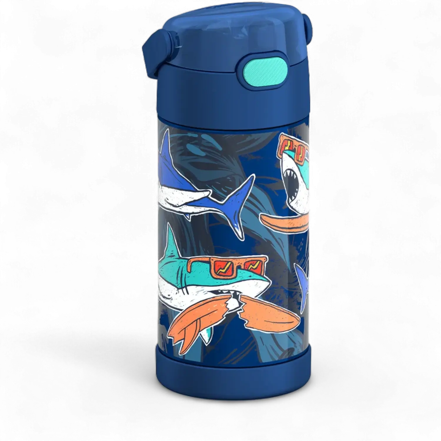 Garrafa Térmica Funtainer Thermos - 355ml com estampa de tubarões, ideal para crianças, mantém bebidas geladas por 12 horas.