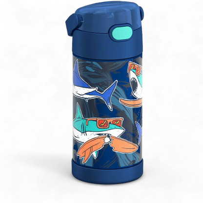 Garrafa Térmica Funtainer Thermos - 355ml com estampa de tubarões, ideal para crianças, mantém bebidas geladas por 12 horas.