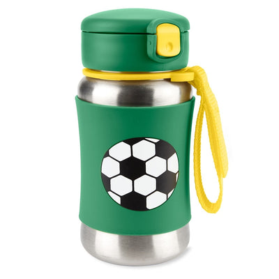Garrafa de Aço Inox Skip Hop Futebol, vista frontal com tampa fechada