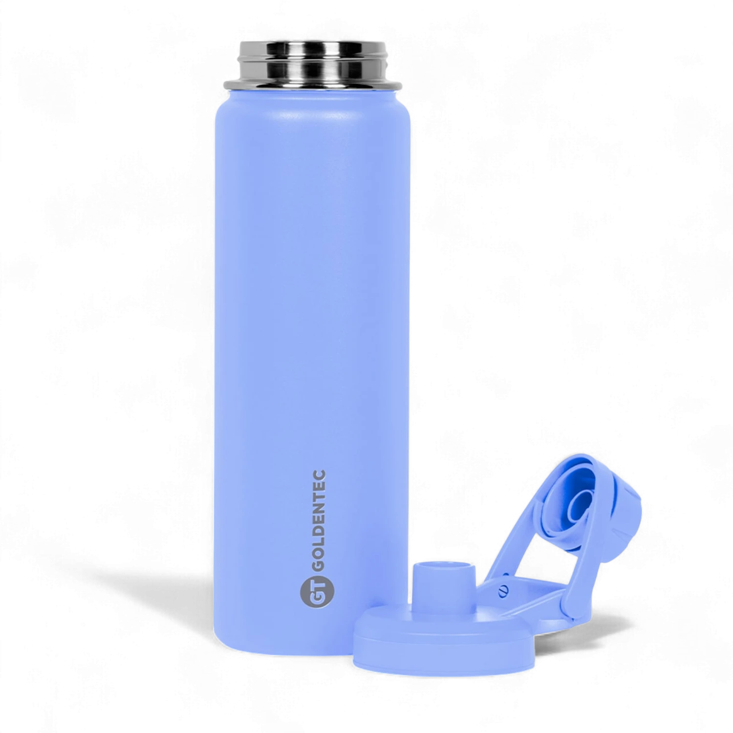Garrafa Térmica Goldentec 750ml azul com tampa destacada, mantém bebidas quentes por 12h e frias por 24h, design moderno e eficiente.