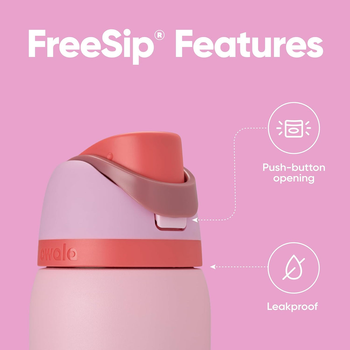 Garrafa Térmica Owala FreeSip 946 ml (32 oz) Angel Cake, infográfico com as características