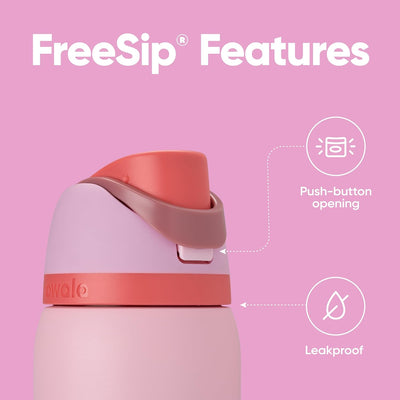 Garrafa Térmica Owala FreeSip 946 ml (32 oz) Angel Cake, infográfico com as características