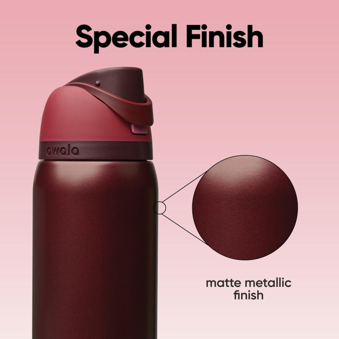 Garrafa Térmica Owala FreeSip 946 ml (32 oz) Black Cherry, infográfico com as características