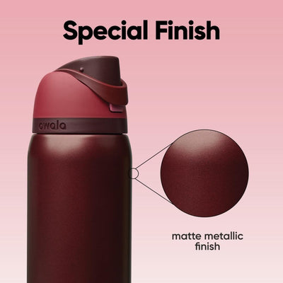 Garrafa Térmica Owala FreeSip 946 ml (32 oz) Black Cherry, infográfico com as características