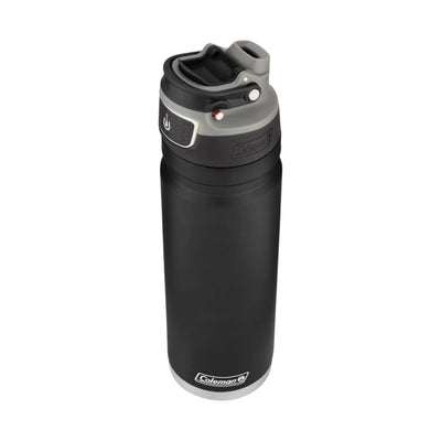 Garrafa Térmica 709 ml Coleman preta com tampa, ideal para manter bebidas frias ou quentes, prática para viagens e atividades externas.