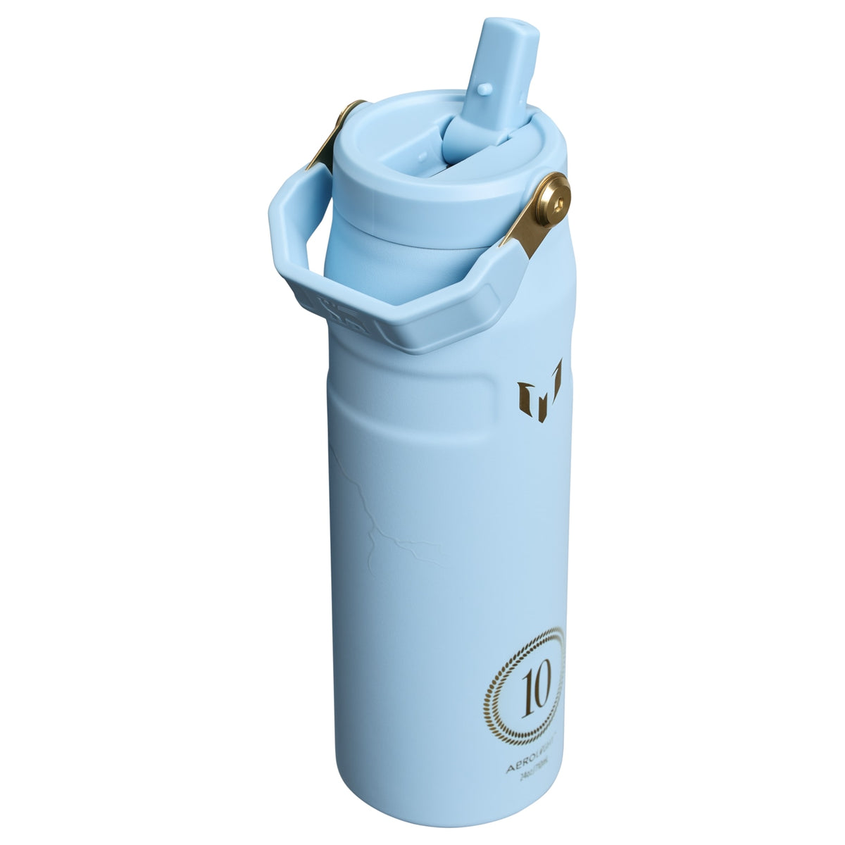 Garrafa Térmica Aerolight Flip Straw Stanley 710 ml Messi Blue, com a tampa aberta
