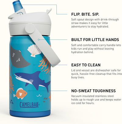 Garrafa Térmica Infantil Camelbak Thrive 354ml com design divertido e isolamento a vácuo para bebidas geladas.