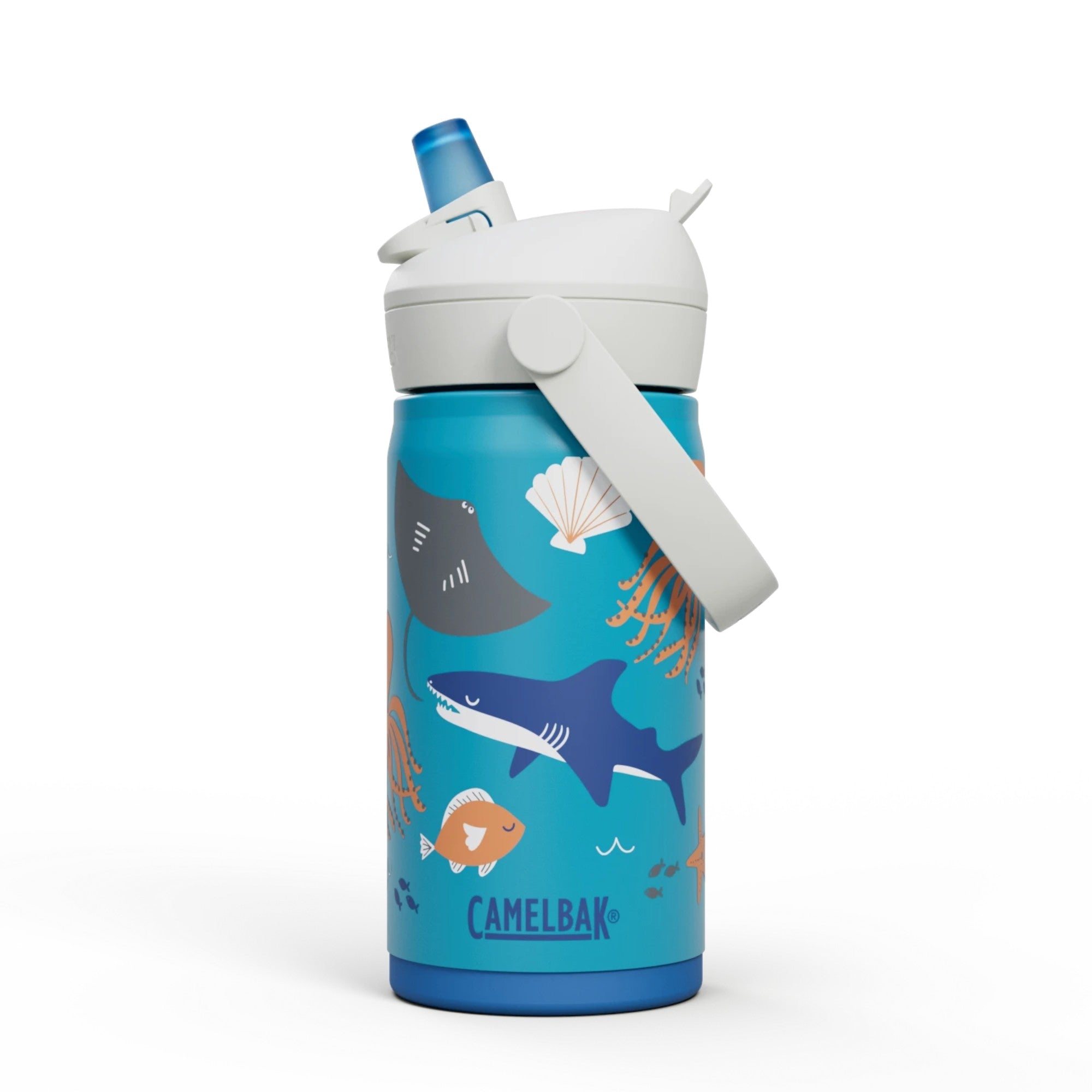 Garrafa Térmica Infantil Camelbak Thrive 354ml com design de peixes coloridos e tampa prática