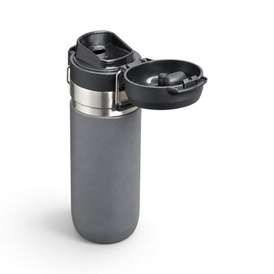 Garrafa Térmica Click 500 ml Cinza, com a tampa aberta