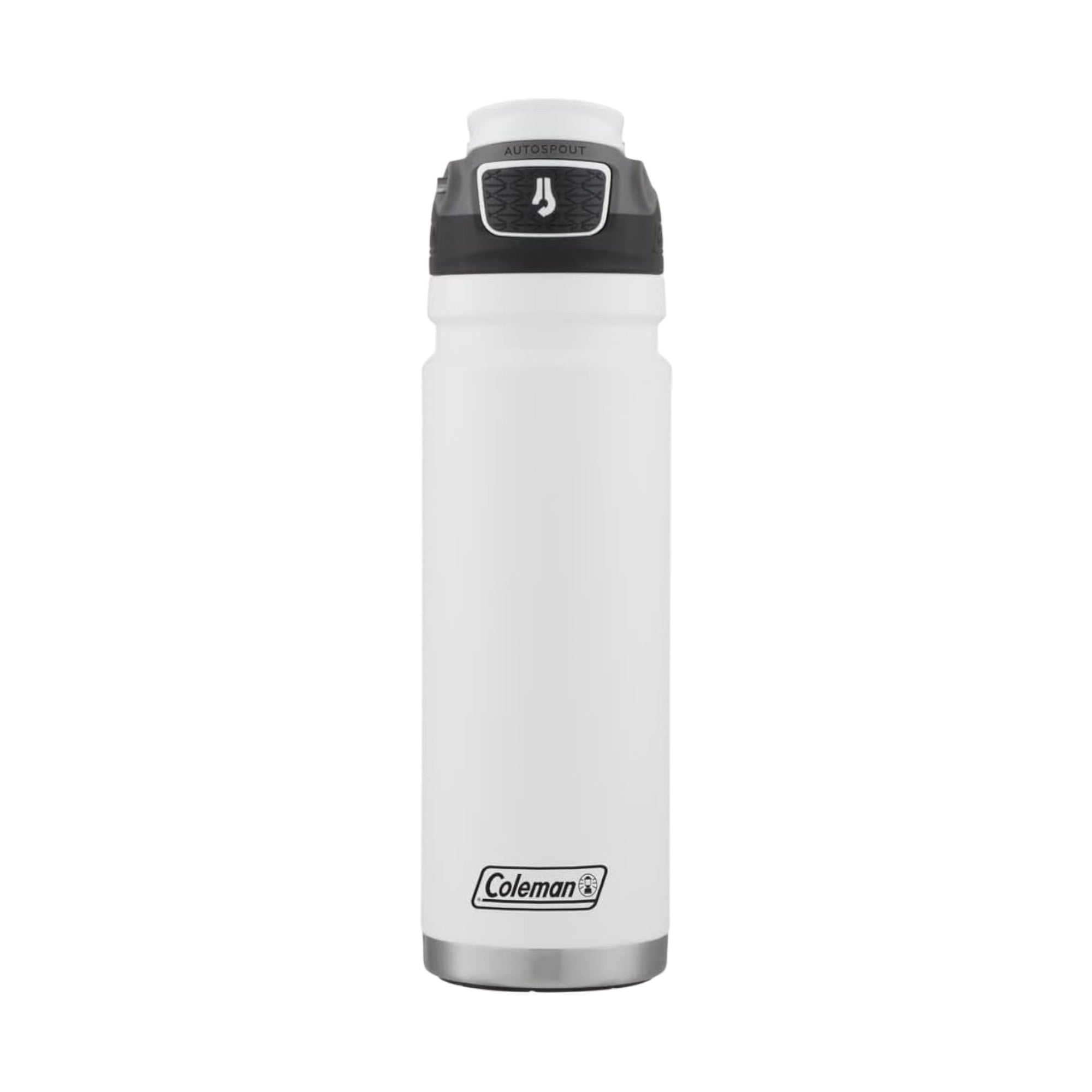 Garrafa Térmica 709 ml Coleman branca com tampa autosselante em aço inoxidável, ideal para bebidas quentes e frias.