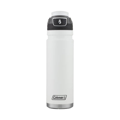 Garrafa Térmica 709 ml Coleman branca com tampa autosselante em aço inoxidável, ideal para bebidas quentes e frias.
