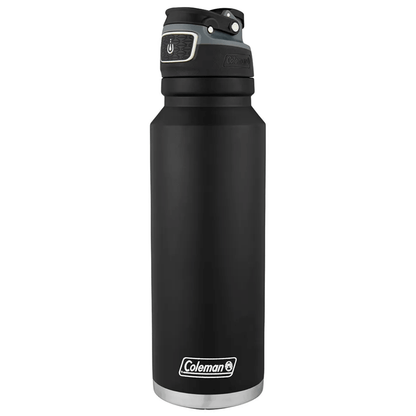 Garrafa Térmica 1,2L FreeFlow AUTOSEAL® Coleman em inox preto, mantém líquidos quentes por 20h e frios por 58h, tecnologia de vedação segura.