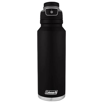 Garrafa Térmica 1,2L FreeFlow AUTOSEAL® Coleman em aço inox preto, tecnologia de isolamento a vácuo para longa conservação térmica.