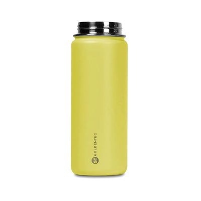 Garrafa Térmica Goldentec 500 ml Amarela, vista frontal com tampa aberta