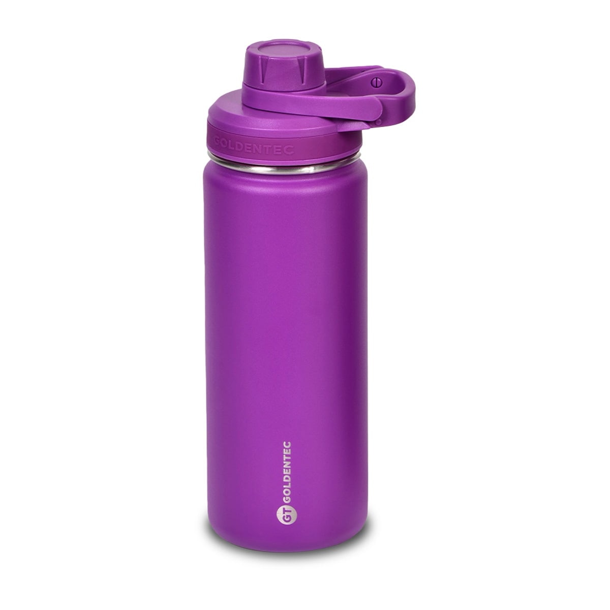 Garrafa Térmica Goldentec 500 ml Roxa, vista frontal com tampa fechada