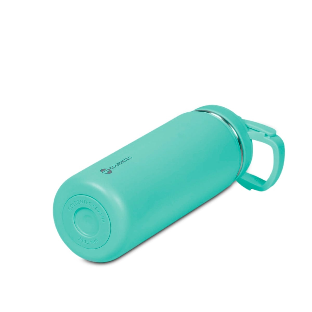 Garrafa Térmica Goldentec 500 ml Verde Menta, vista lateral com tampa fechada