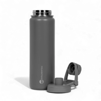 Garrafa Térmica Goldentec 750ml cinza com tampa removível, parede dupla em aço inoxidável para 12h quente e 24h frio.