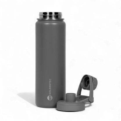 Garrafa Térmica Goldentec 750ml cinza com tampa removível, parede dupla em aço inoxidável para 12h quente e 24h frio.
