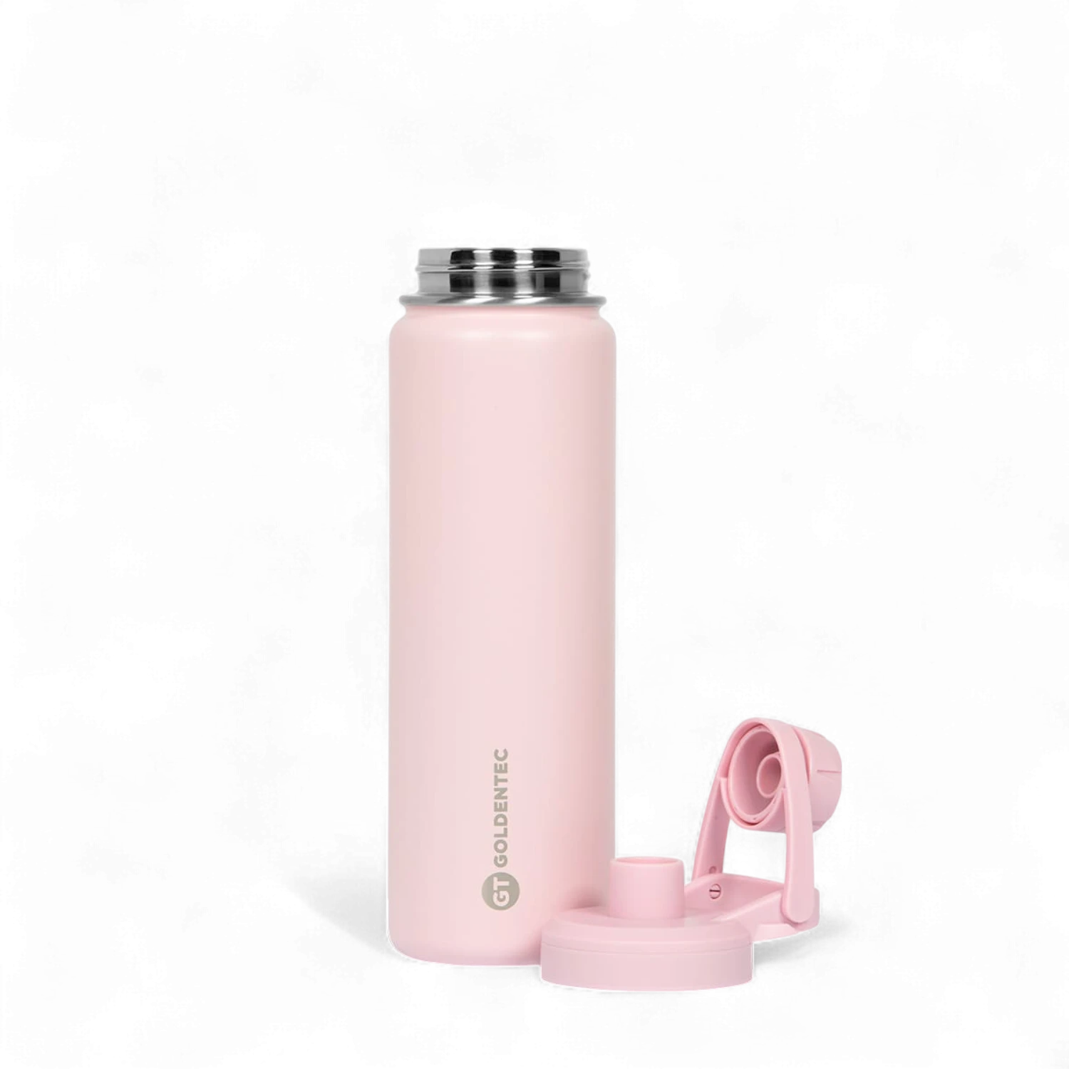 Garrafa Térmica Goldentec 750ml rosa, parede dupla, mantém bebidas quentes por 12h e frias por 24h, ideal para uso diário.