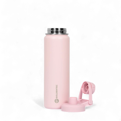 Garrafa Térmica Goldentec 750ml rosa, parede dupla, mantém bebidas quentes por 12h e frias por 24h, ideal para uso diário.