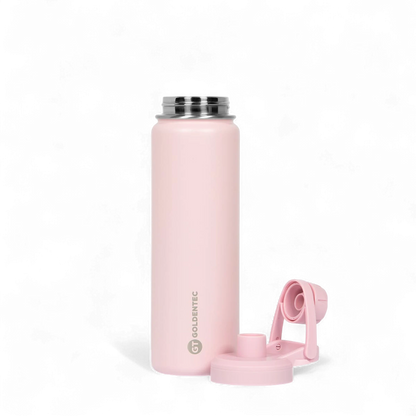 Garrafa Térmica Goldentec 750ml rosa, parede dupla, mantém bebidas quentes por 12h e frias por 24h, ideal para uso diário.