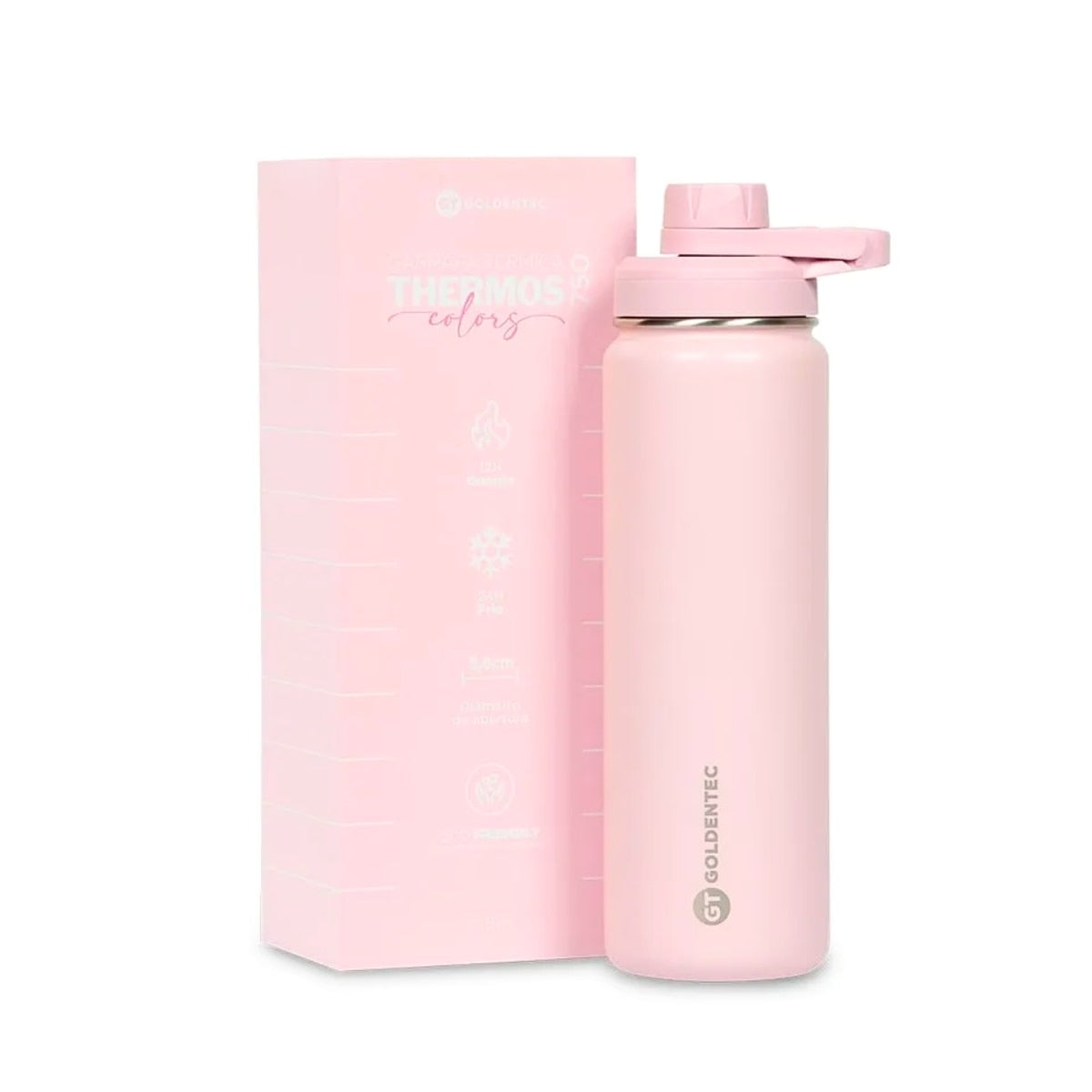 Garrafa Térmica Goldentec 750 ml Rosa bebê, kit com os itens juntos