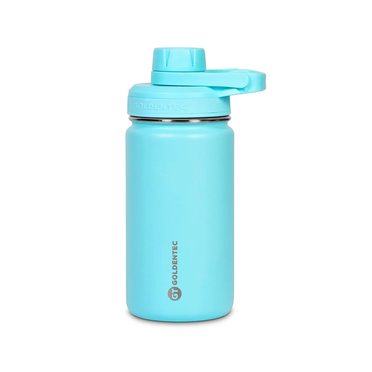 Garrafa Térmica Goldentec 350 ml Turquesa, vista frontal com tampa fechada