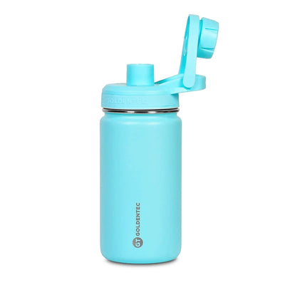 Garrafa Térmica Goldentec 350 ml Turquesa, com a tampa aberta
