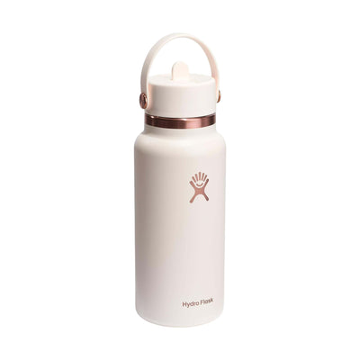 Garrafa Térmica Hydro Flask 946ml com tampa de canudo flexível em inox branco, ideal para hidratação diária e atividades ao ar livre.