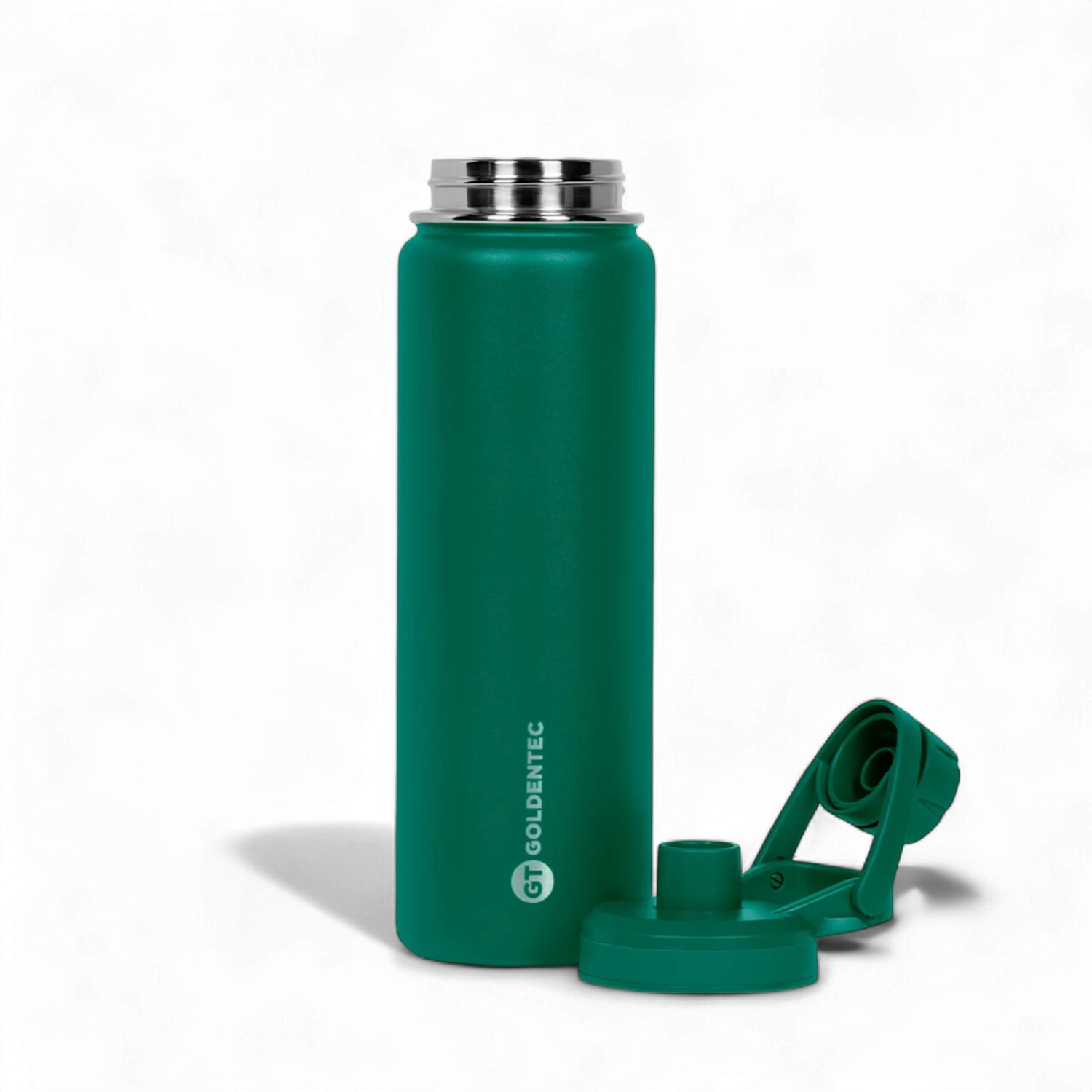 Garrafa Térmica Goldentec 750ml verde com parede dupla de aço inoxidável, ideal para manter bebidas quentes por 12h e frias por 24h.
